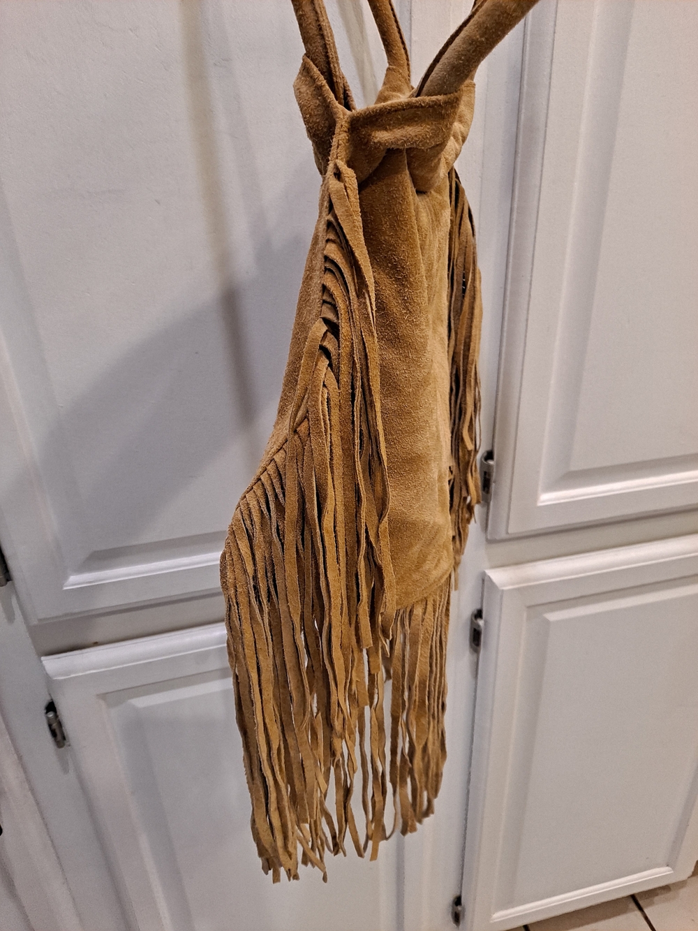 Newport News Easy Style Vintage Tan Suede Fringe Shoulder Bag Boho Saddlebag - Picture 5 of 11